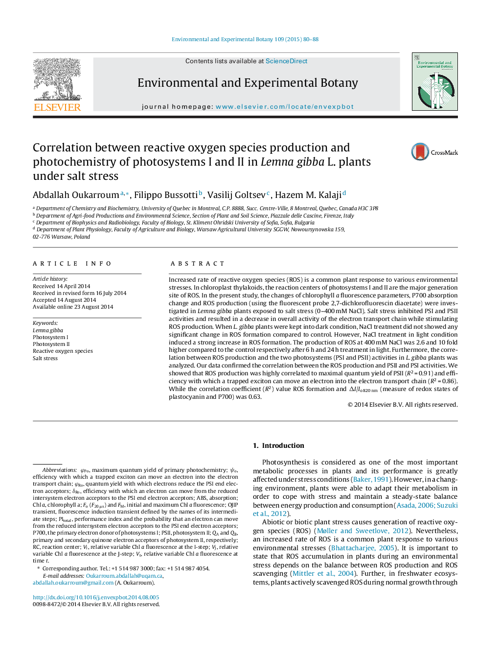 Correlation between reactive oxygen species production and photochemistry of photosystems I and II in Lemna gibba L. plants under salt stress