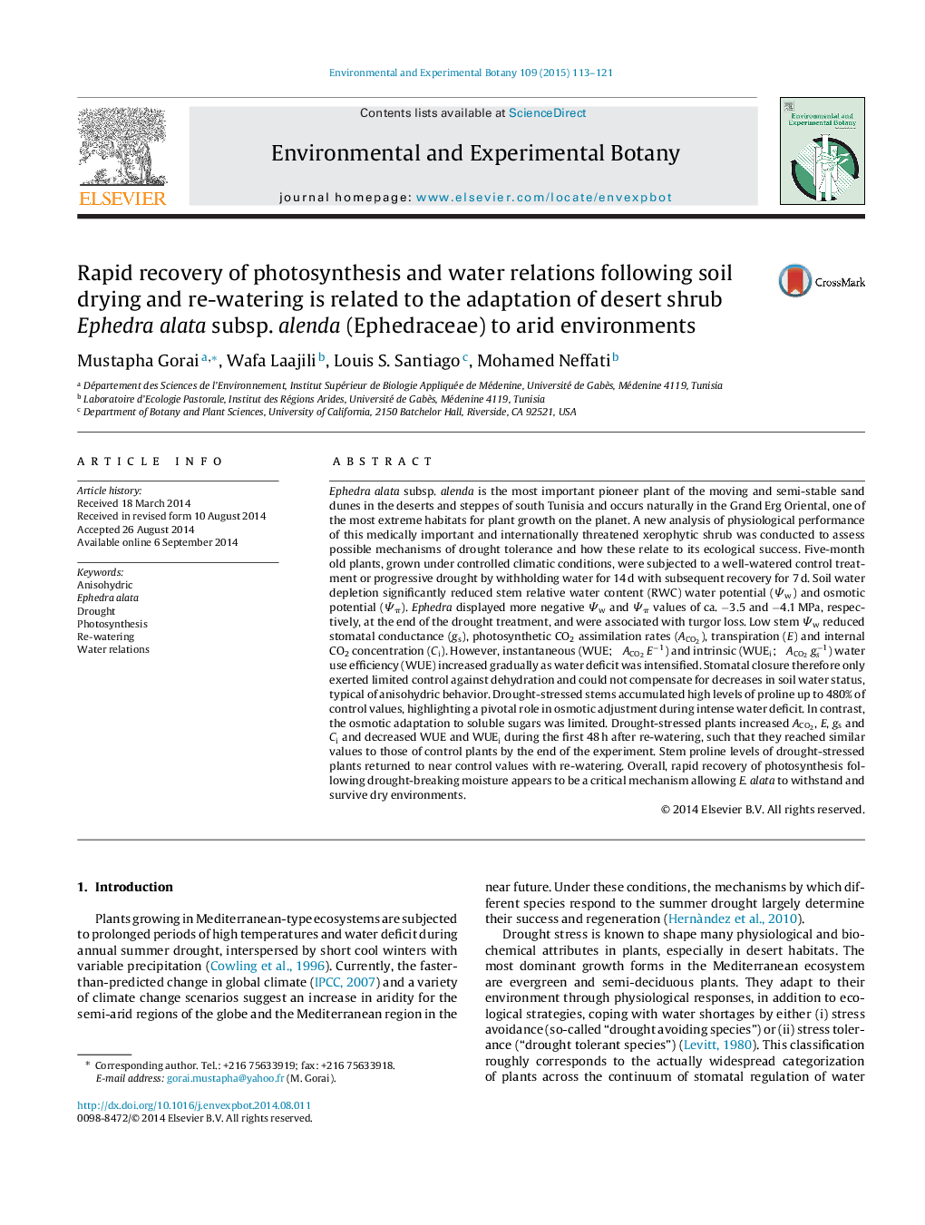 Rapid recovery of photosynthesis and water relations following soil drying and re-watering is related to the adaptation of desert shrub Ephedra alata subsp. alenda (Ephedraceae) to arid environments