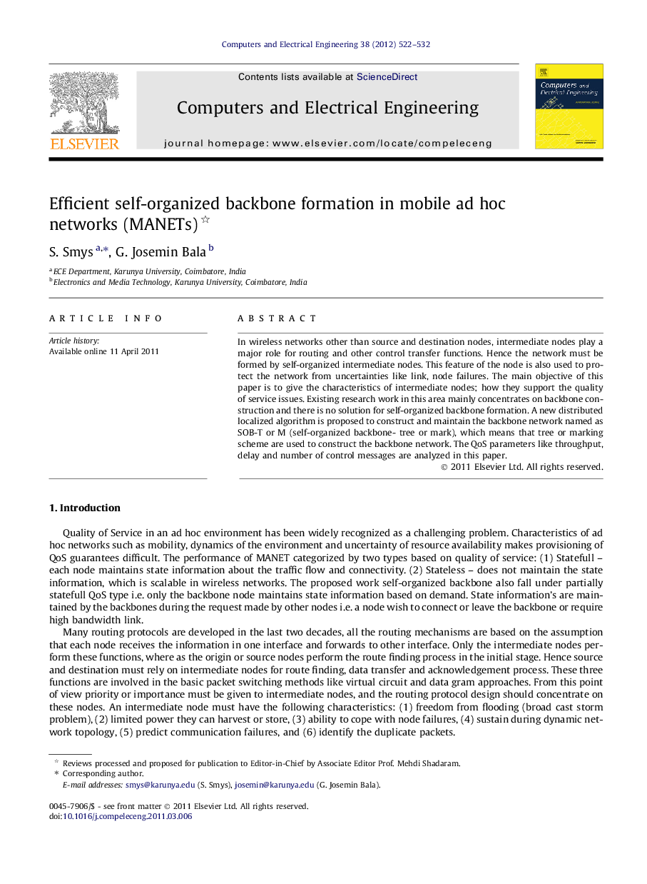 Efficient self-organized backbone formation in mobile ad hoc networks (MANETs) 