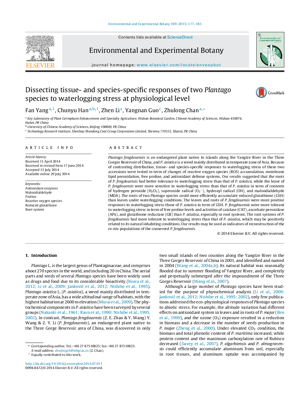 Dissecting tissue- and species-specific responses of two Plantago species to waterlogging stress at physiological level