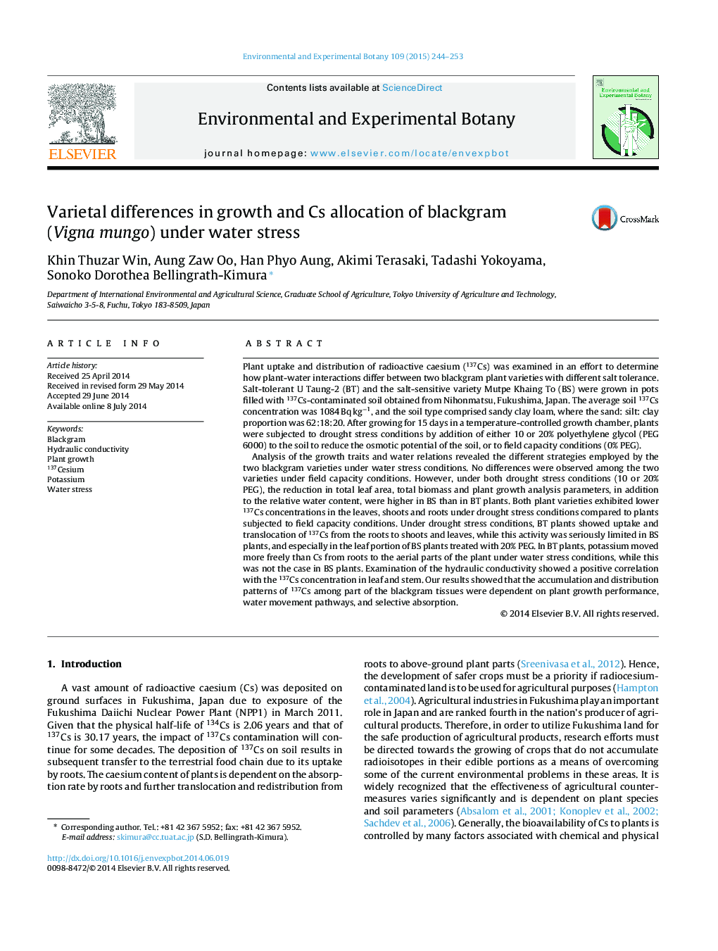 Varietal differences in growth and Cs allocation of blackgram (Vigna mungo) under water stress