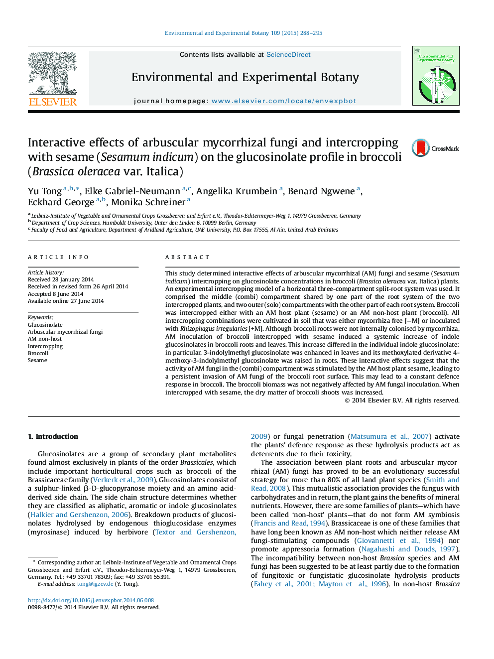 Interactive effects of arbuscular mycorrhizal fungi and intercropping with sesame (Sesamum indicum) on the glucosinolate profile in broccoli (Brassica oleracea var. Italica)