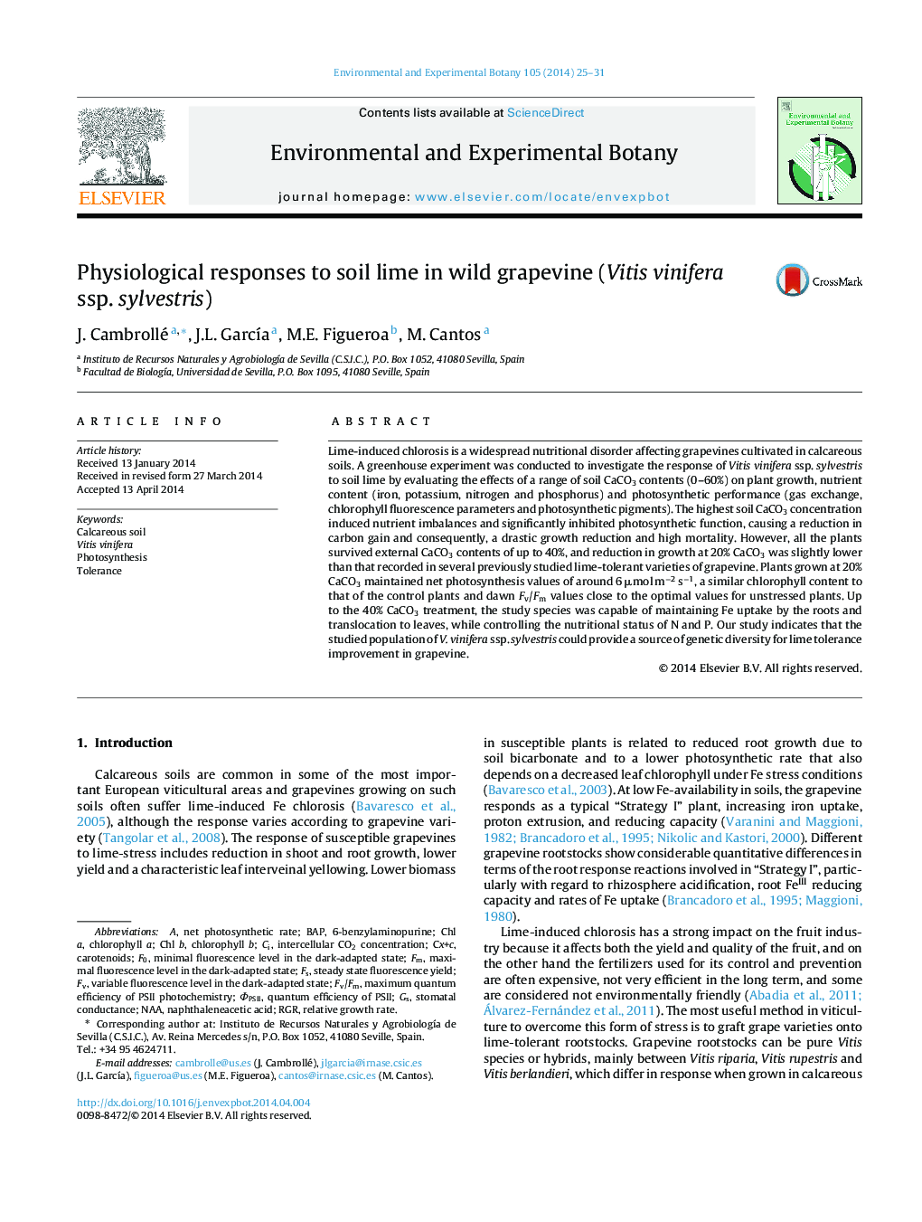 Physiological responses to soil lime in wild grapevine (Vitis vinifera ssp. sylvestris)