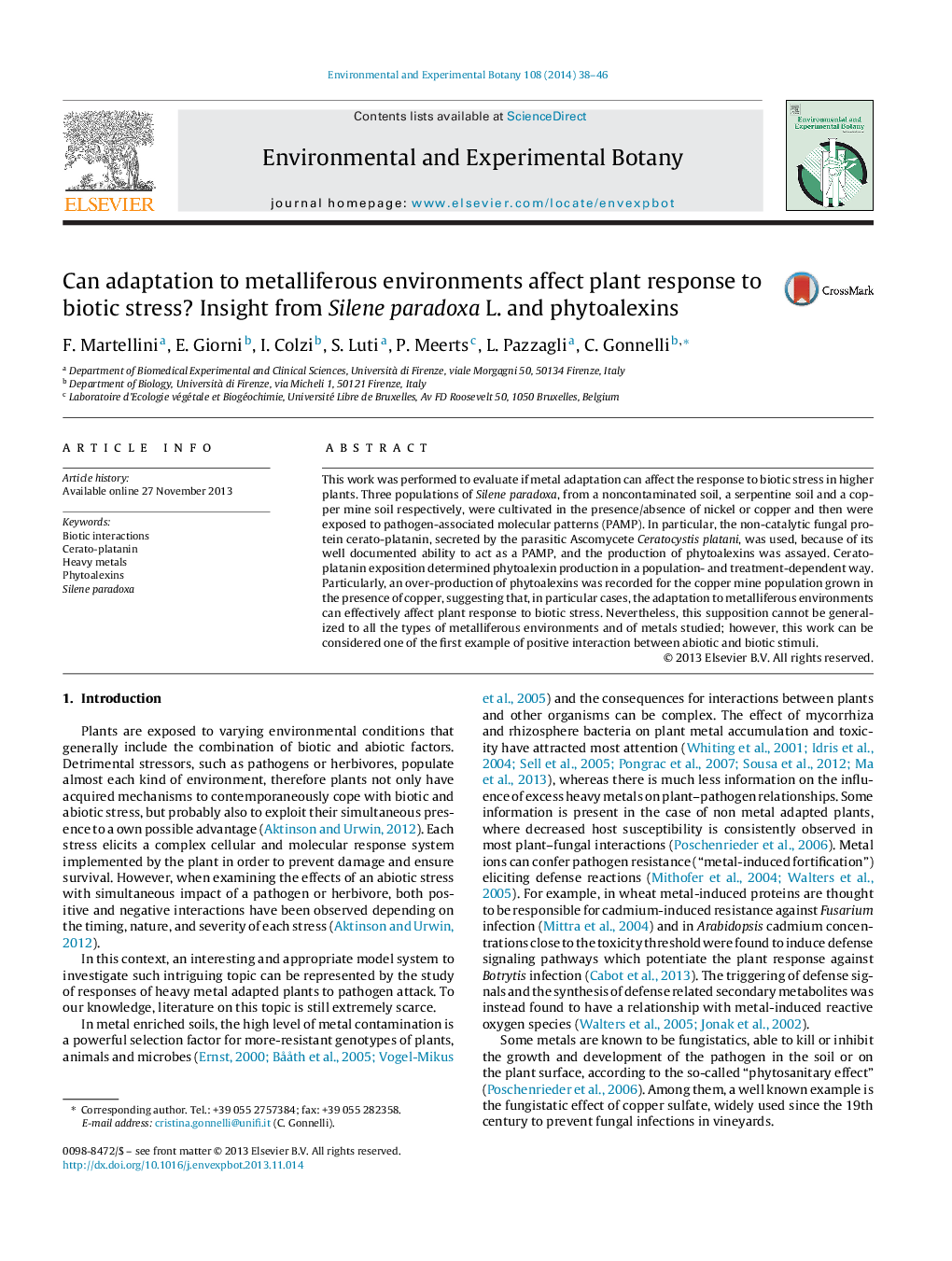 Can adaptation to metalliferous environments affect plant response to biotic stress? Insight from Silene paradoxa L. and phytoalexins