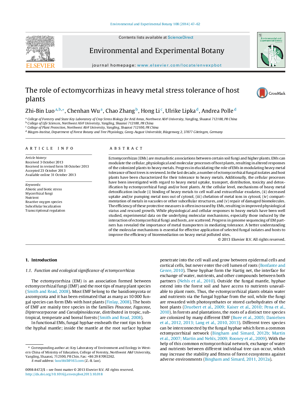 The role of ectomycorrhizas in heavy metal stress tolerance of host plants