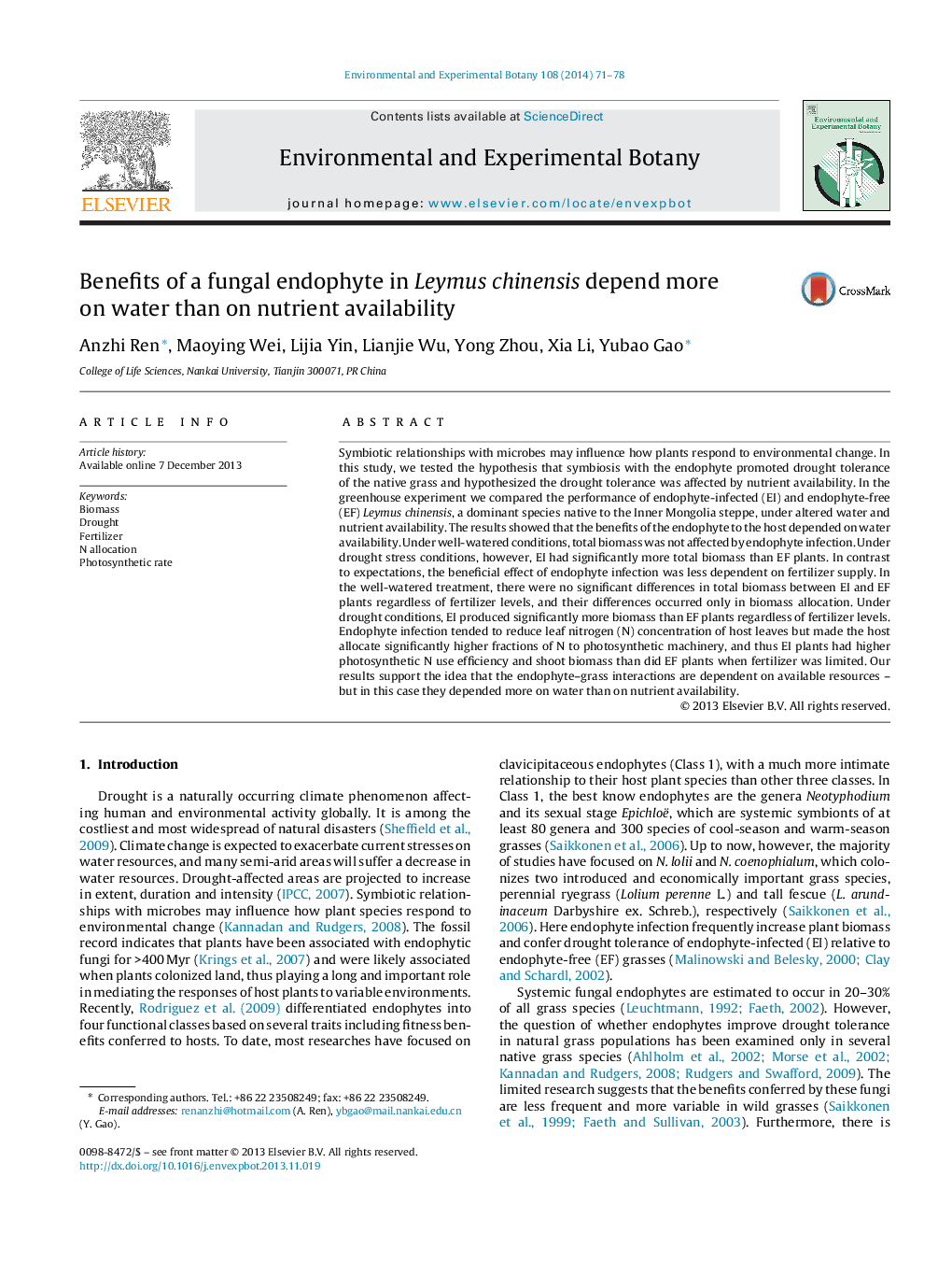 Benefits of a fungal endophyte in Leymus chinensis depend more on water than on nutrient availability