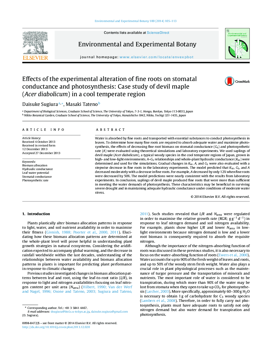 Effects of the experimental alteration of fine roots on stomatal conductance and photosynthesis: Case study of devil maple (Acer diabolicum) in a cool temperate region