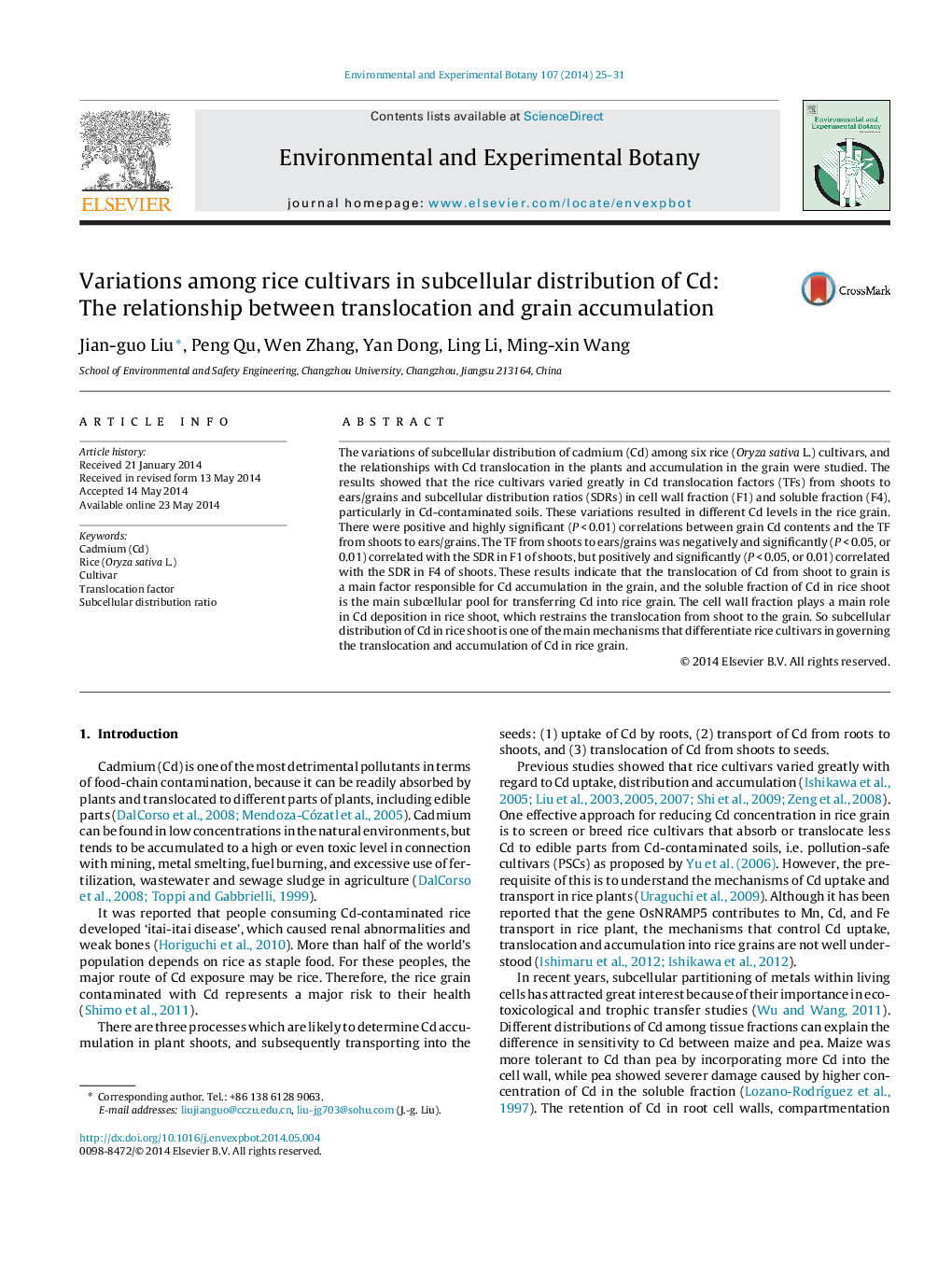 Variations among rice cultivars in subcellular distribution of Cd: The relationship between translocation and grain accumulation