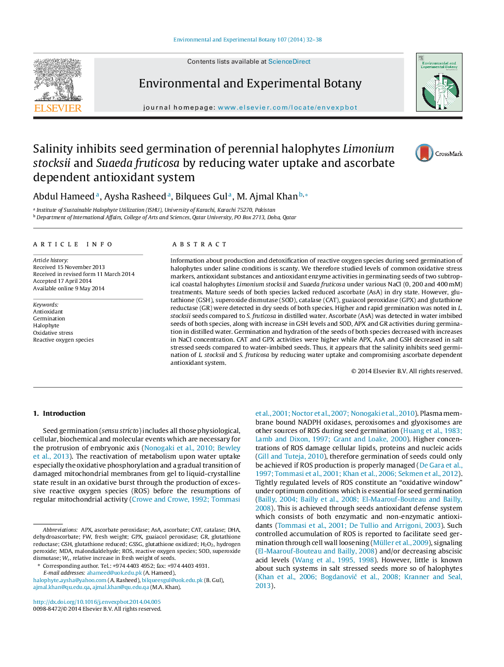 Salinity inhibits seed germination of perennial halophytes Limonium stocksii and Suaeda fruticosa by reducing water uptake and ascorbate dependent antioxidant system