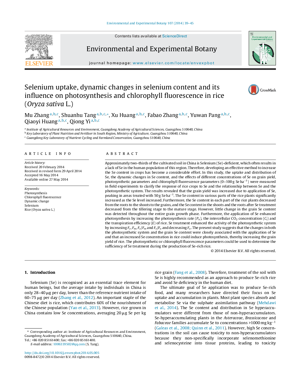 Selenium uptake, dynamic changes in selenium content and its influence on photosynthesis and chlorophyll fluorescence in rice (Oryza sativa L.)