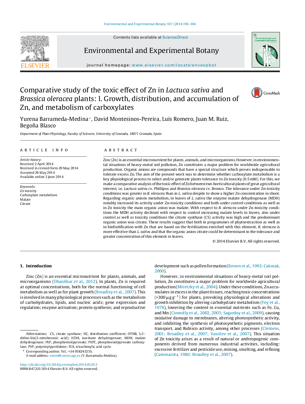 Comparative study of the toxic effect of Zn in Lactuca sativa and Brassica oleracea plants: I. Growth, distribution, and accumulation of Zn, and metabolism of carboxylates