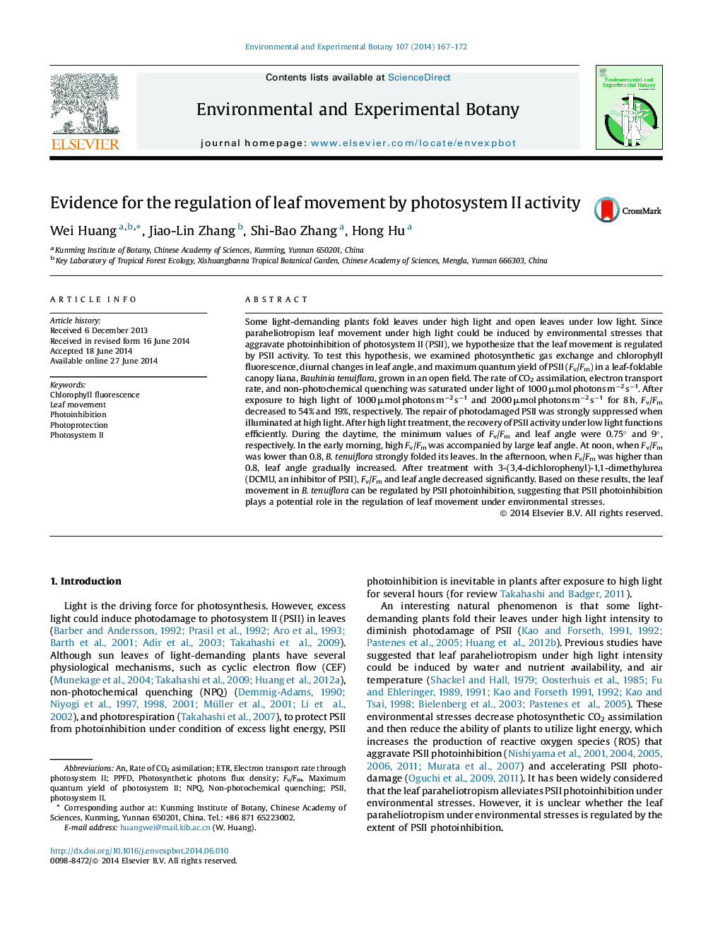 Evidence for the regulation of leaf movement by photosystem II activity