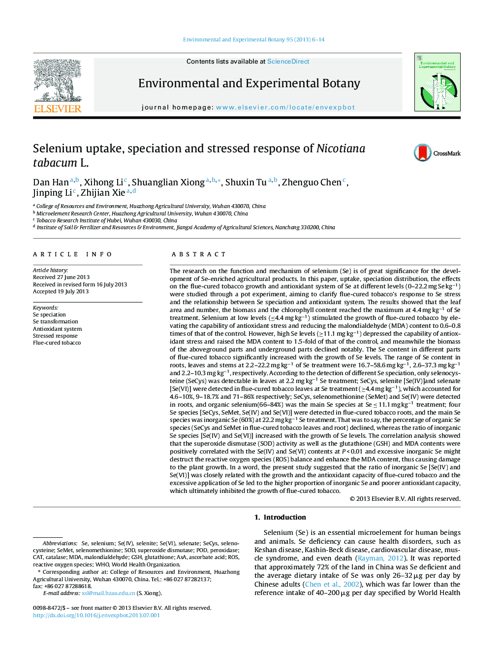 Selenium uptake, speciation and stressed response of Nicotiana tabacum L.