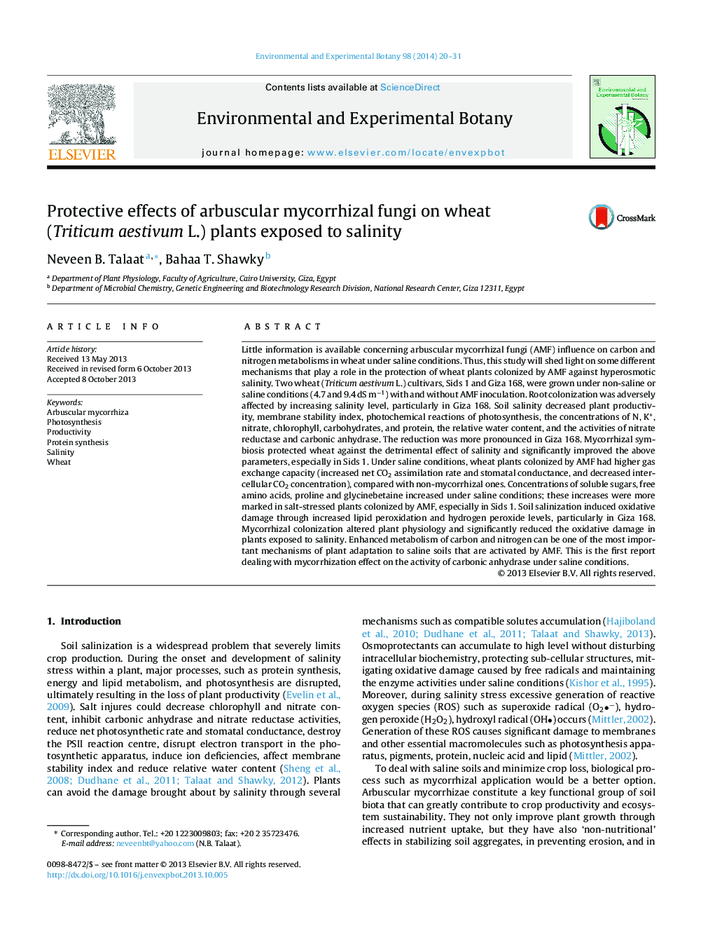 Protective effects of arbuscular mycorrhizal fungi on wheat (Triticum aestivum L.) plants exposed to salinity