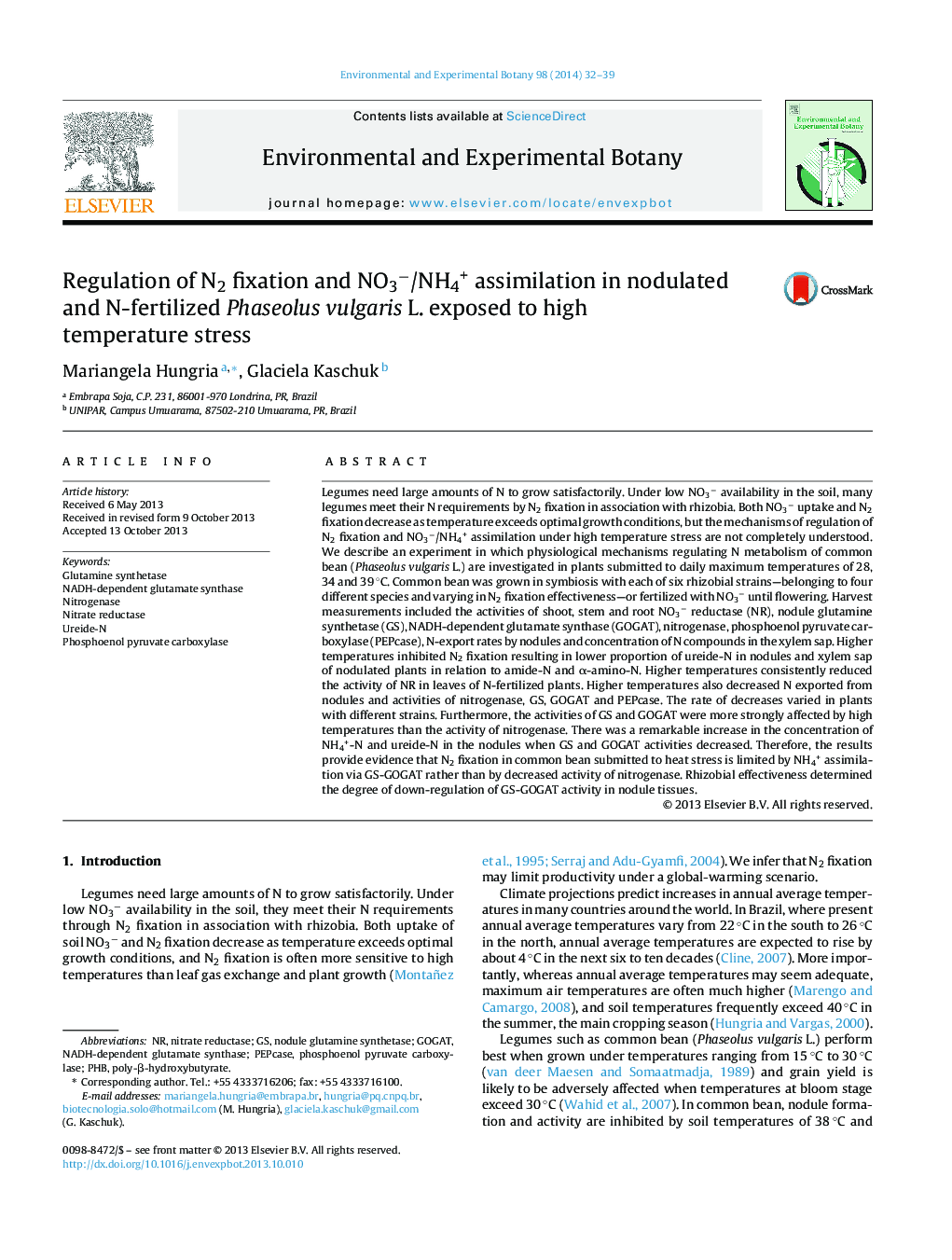 Regulation of N2 fixation and NO3−/NH4+ assimilation in nodulated and N-fertilized Phaseolus vulgaris L. exposed to high temperature stress