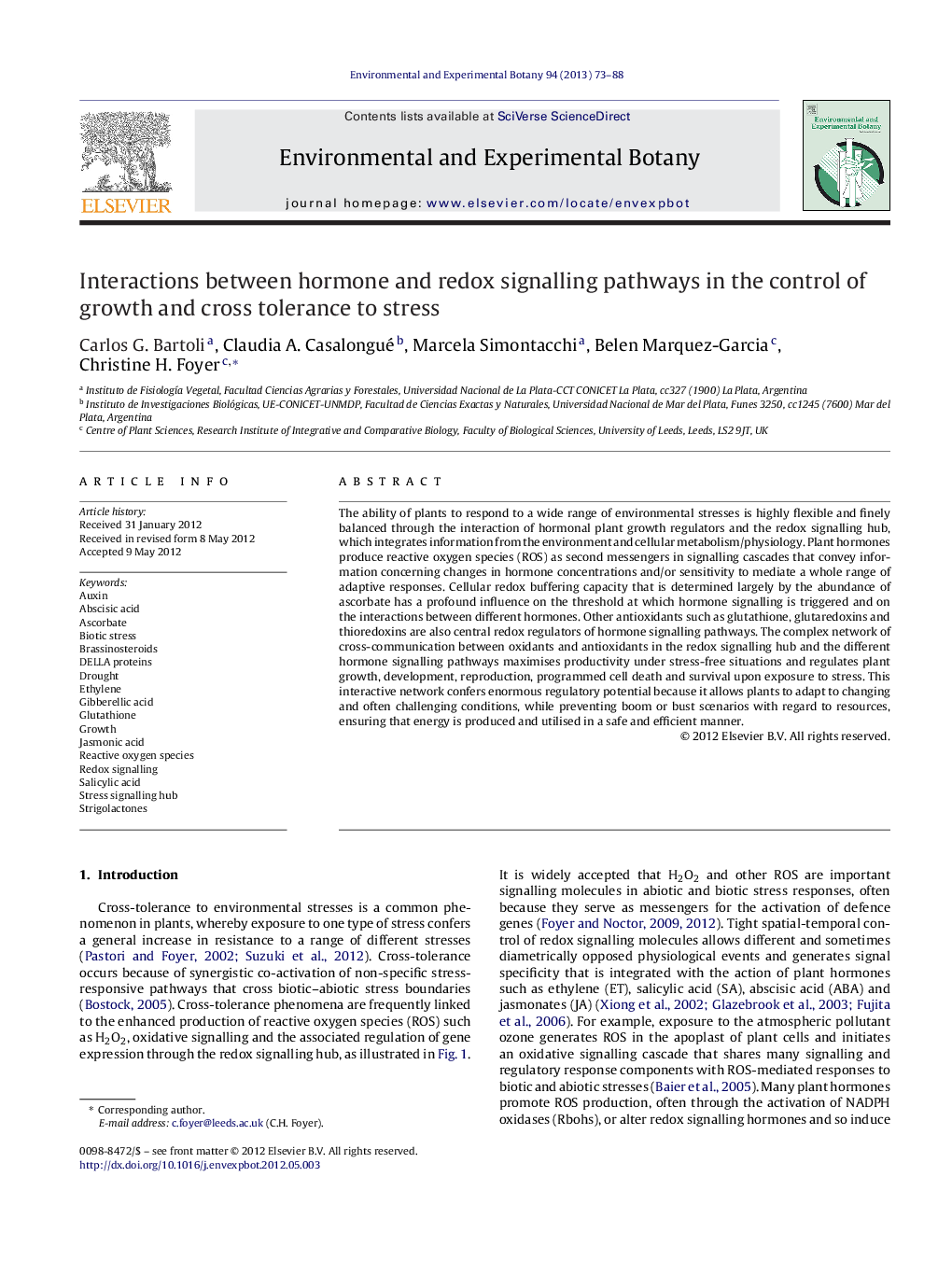 Interactions between hormone and redox signalling pathways in the control of growth and cross tolerance to stress