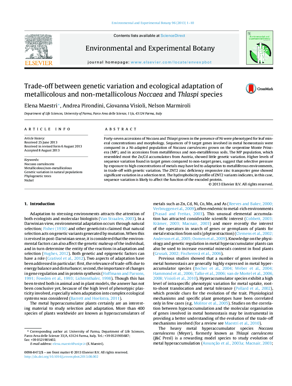 Trade-off between genetic variation and ecological adaptation of metallicolous and non-metallicolous Noccaea and Thlaspi species