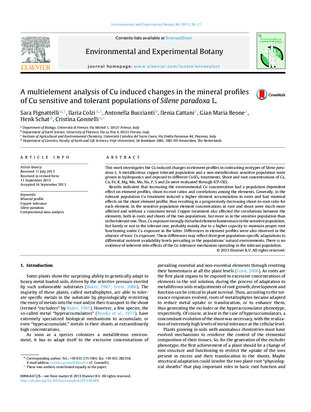 A multielement analysis of Cu induced changes in the mineral profiles of Cu sensitive and tolerant populations of Silene paradoxa L.