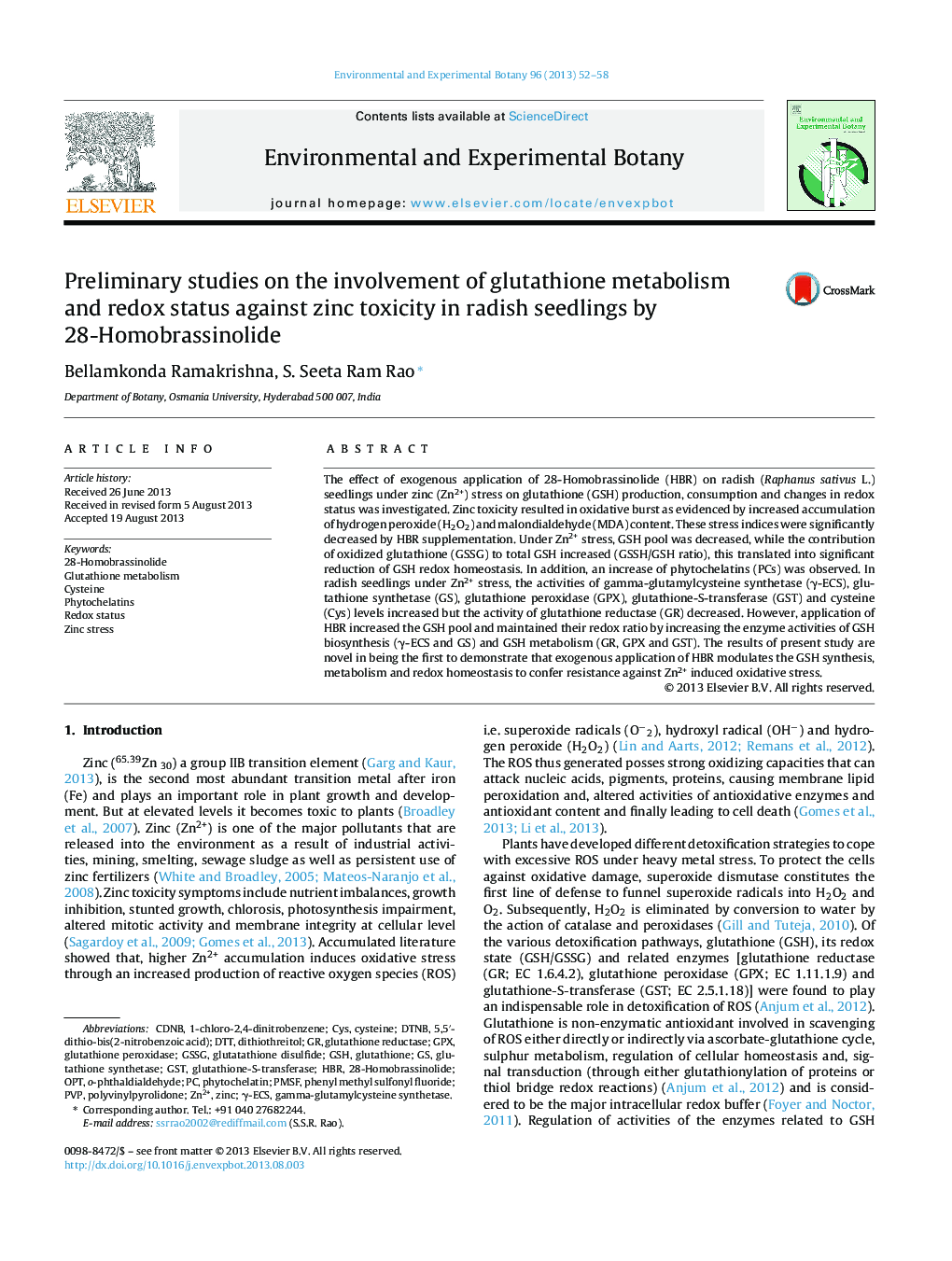 Preliminary studies on the involvement of glutathione metabolism and redox status against zinc toxicity in radish seedlings by 28-Homobrassinolide