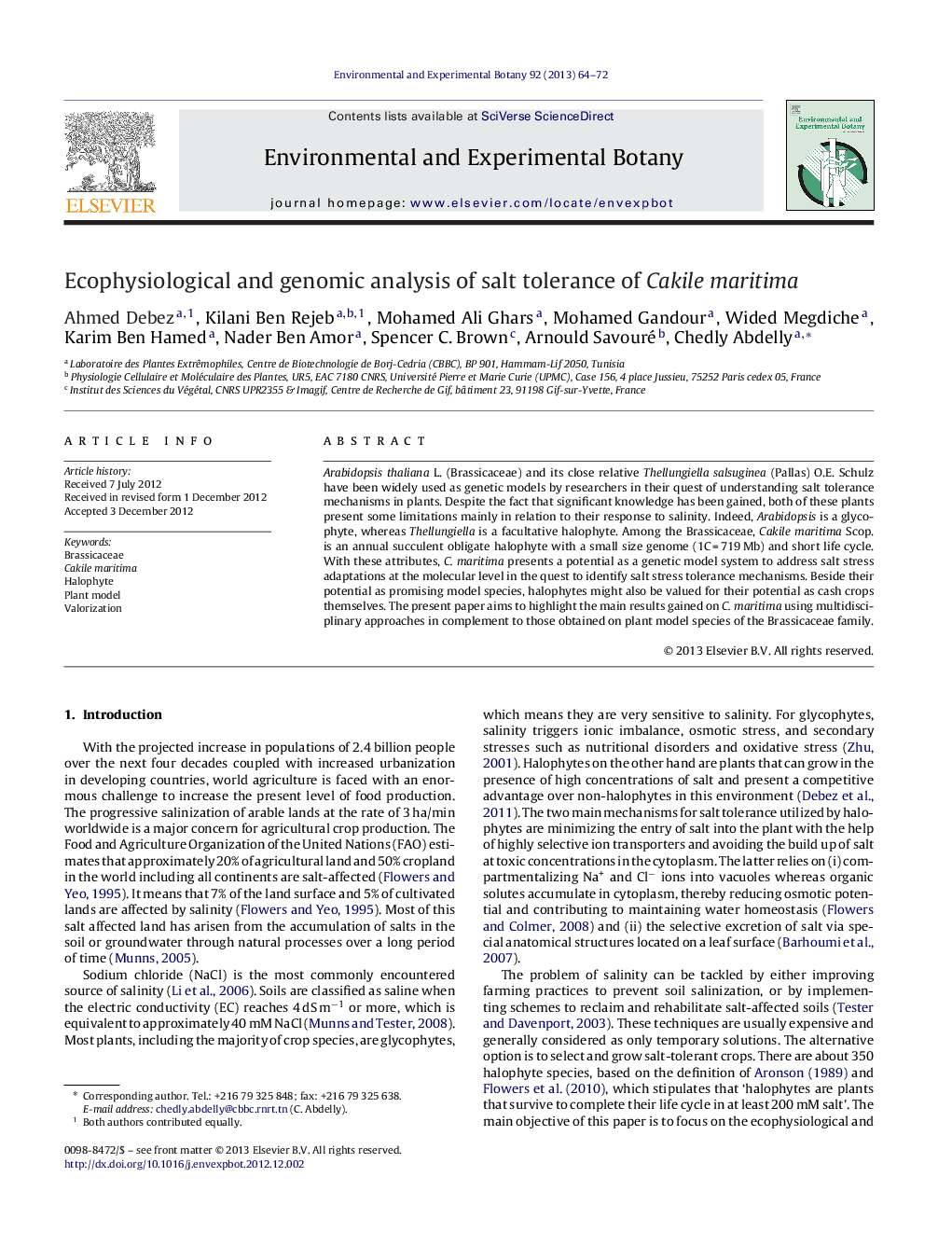 Ecophysiological and genomic analysis of salt tolerance of Cakile maritima