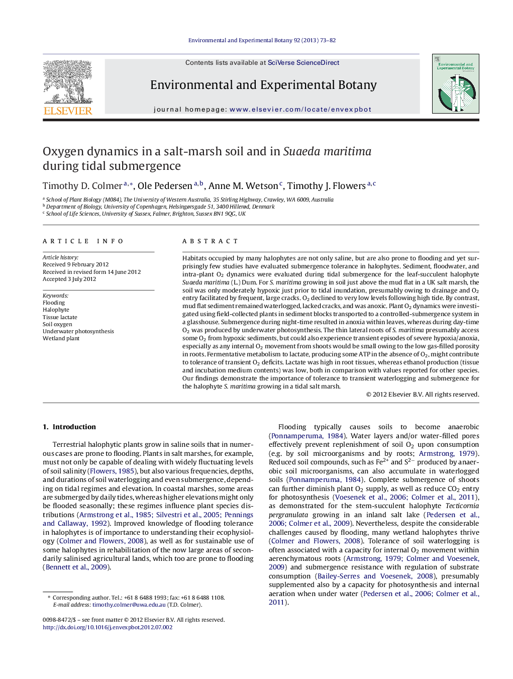 Oxygen dynamics in a salt-marsh soil and in Suaeda maritima during tidal submergence