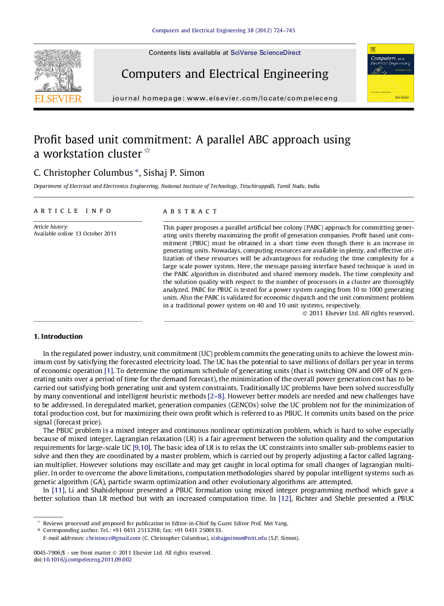 Profit based unit commitment: A parallel ABC approach using a workstation cluster 