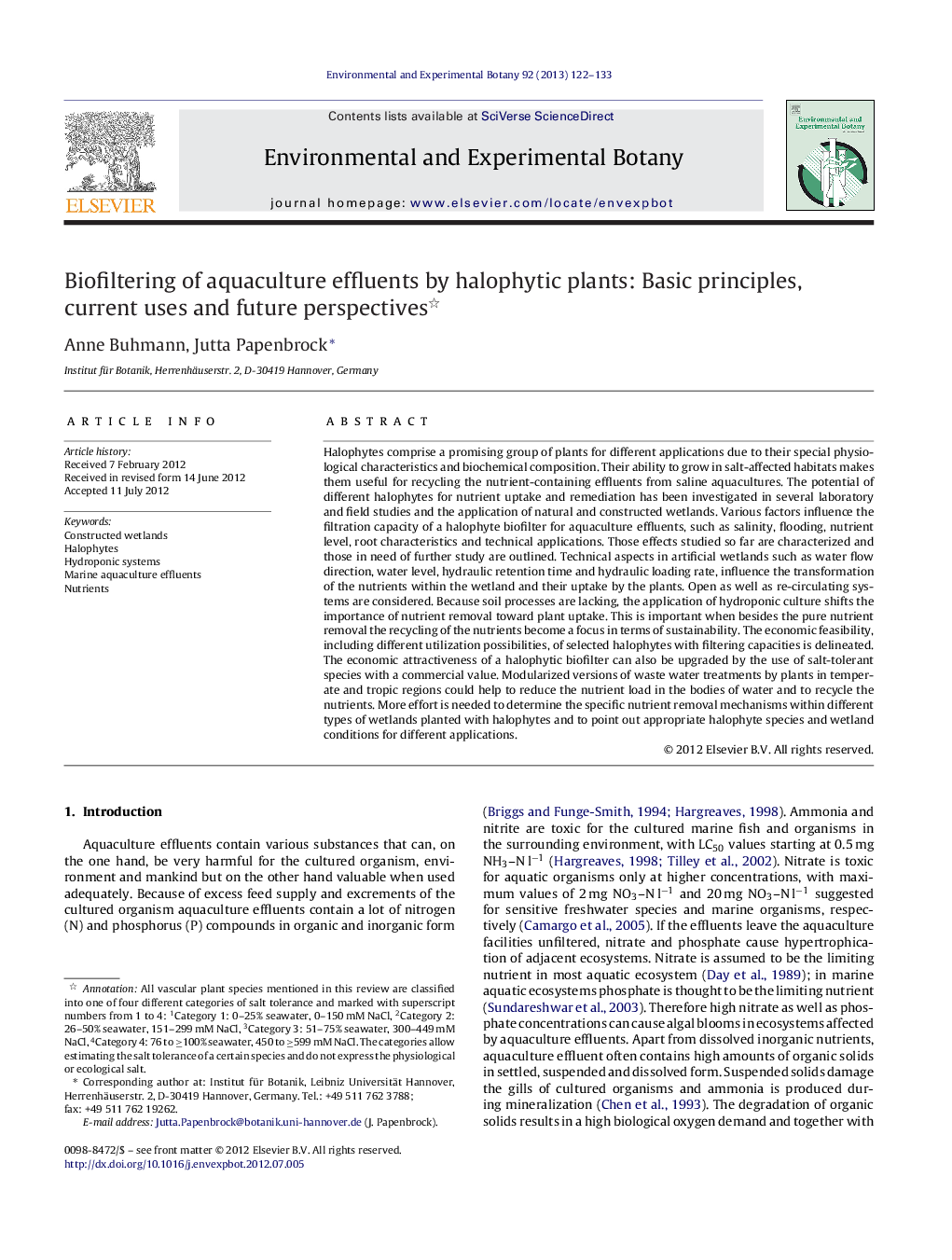 Biofiltering of aquaculture effluents by halophytic plants: Basic principles, current uses and future perspectives 