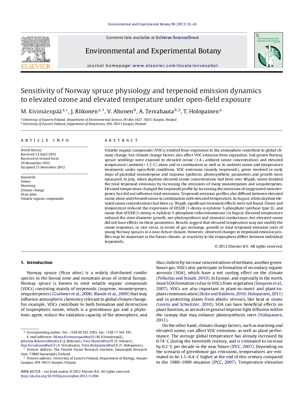 Sensitivity of Norway spruce physiology and terpenoid emission dynamics to elevated ozone and elevated temperature under open-field exposure