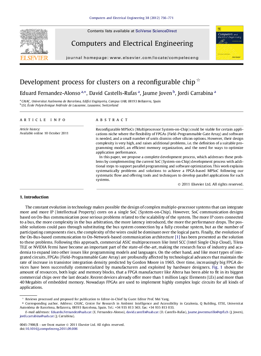 Development process for clusters on a reconfigurable chip 