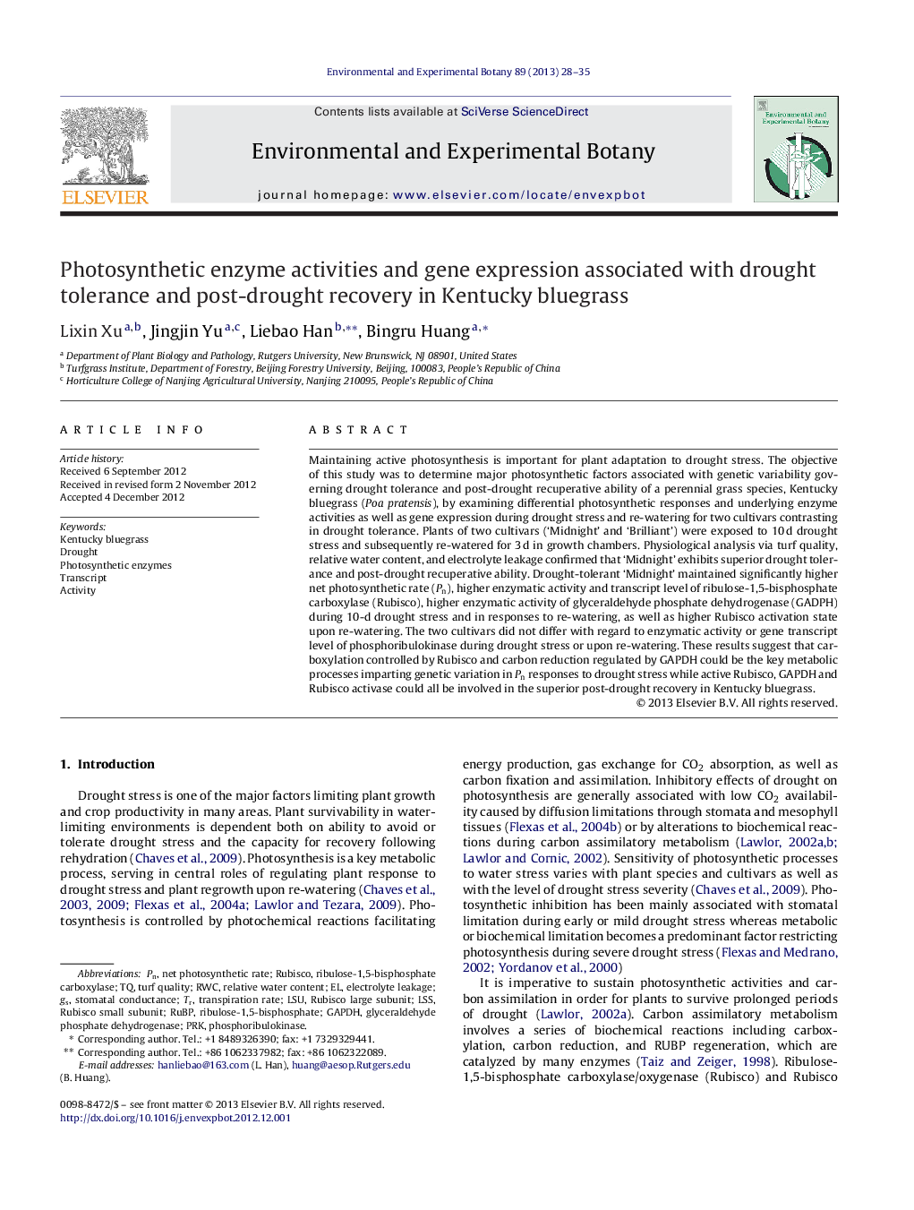 Photosynthetic enzyme activities and gene expression associated with drought tolerance and post-drought recovery in Kentucky bluegrass