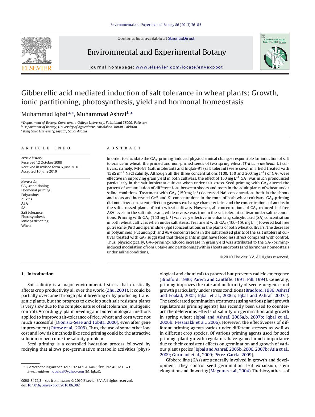 Gibberellic acid mediated induction of salt tolerance in wheat plants: Growth, ionic partitioning, photosynthesis, yield and hormonal homeostasis