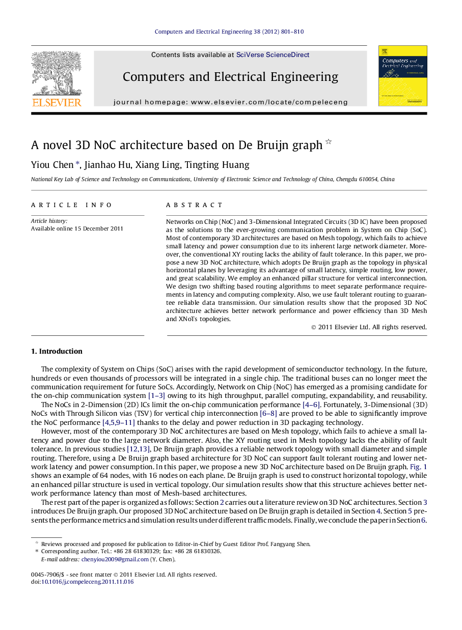 A novel 3D NoC architecture based on De Bruijn graph 