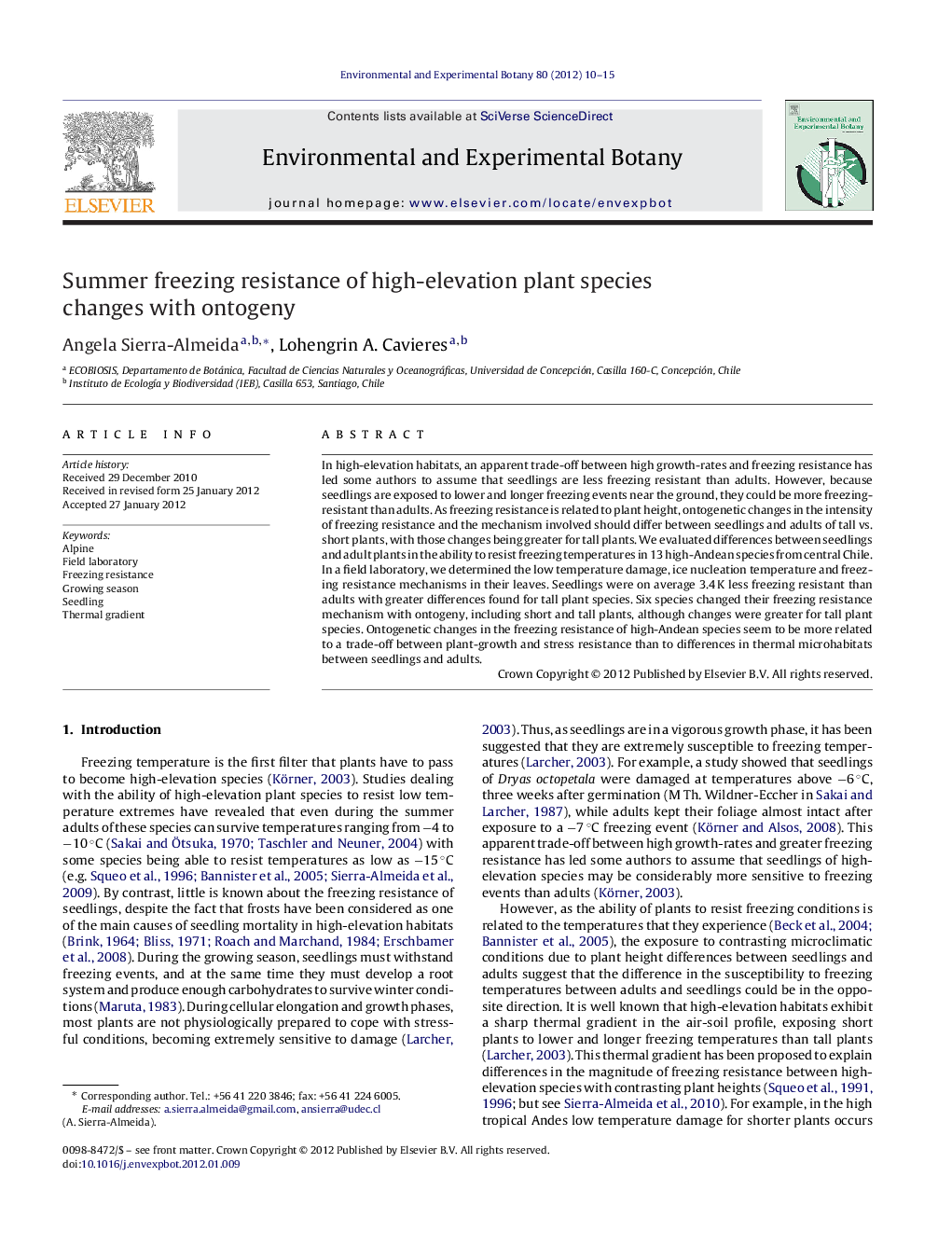 Summer freezing resistance of high-elevation plant species changes with ontogeny