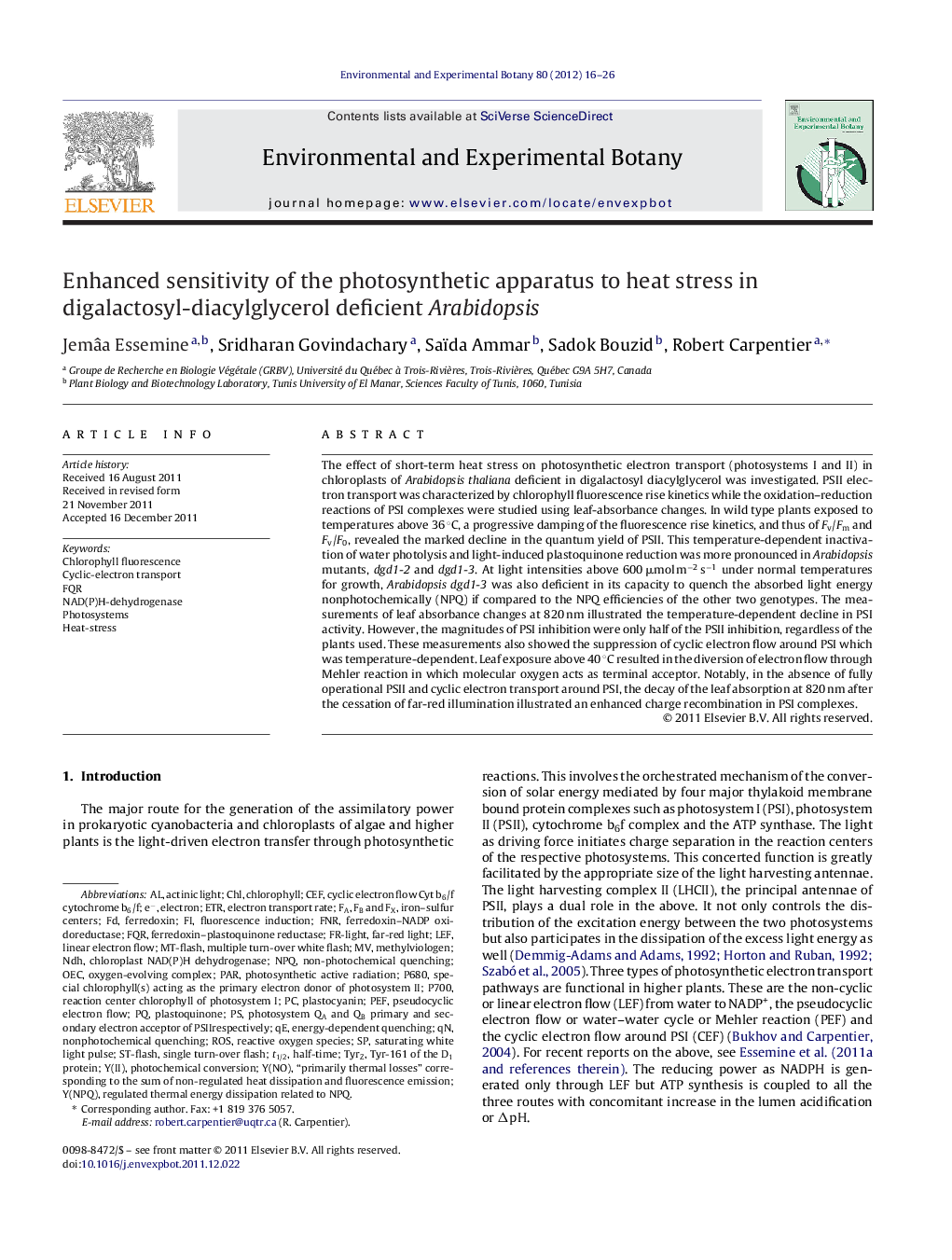 Enhanced sensitivity of the photosynthetic apparatus to heat stress in digalactosyl-diacylglycerol deficient Arabidopsis