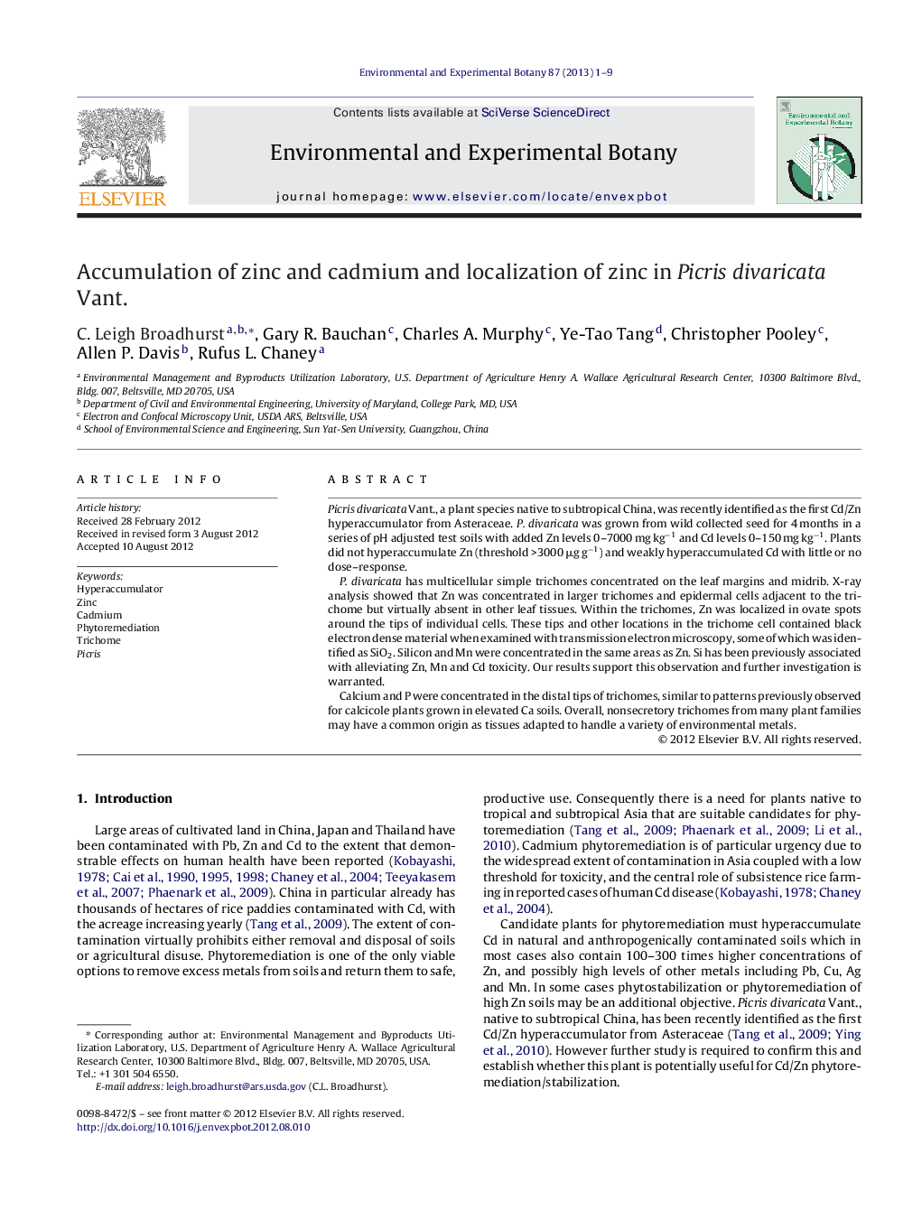 Accumulation of zinc and cadmium and localization of zinc in Picris divaricata Vant.