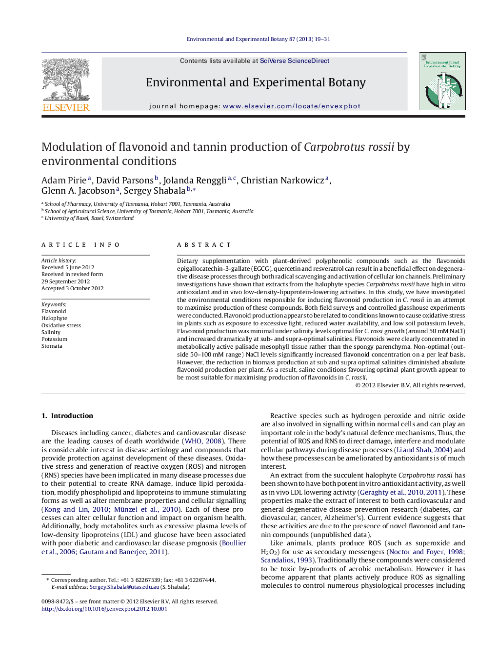 Modulation of flavonoid and tannin production of Carpobrotus rossii by environmental conditions