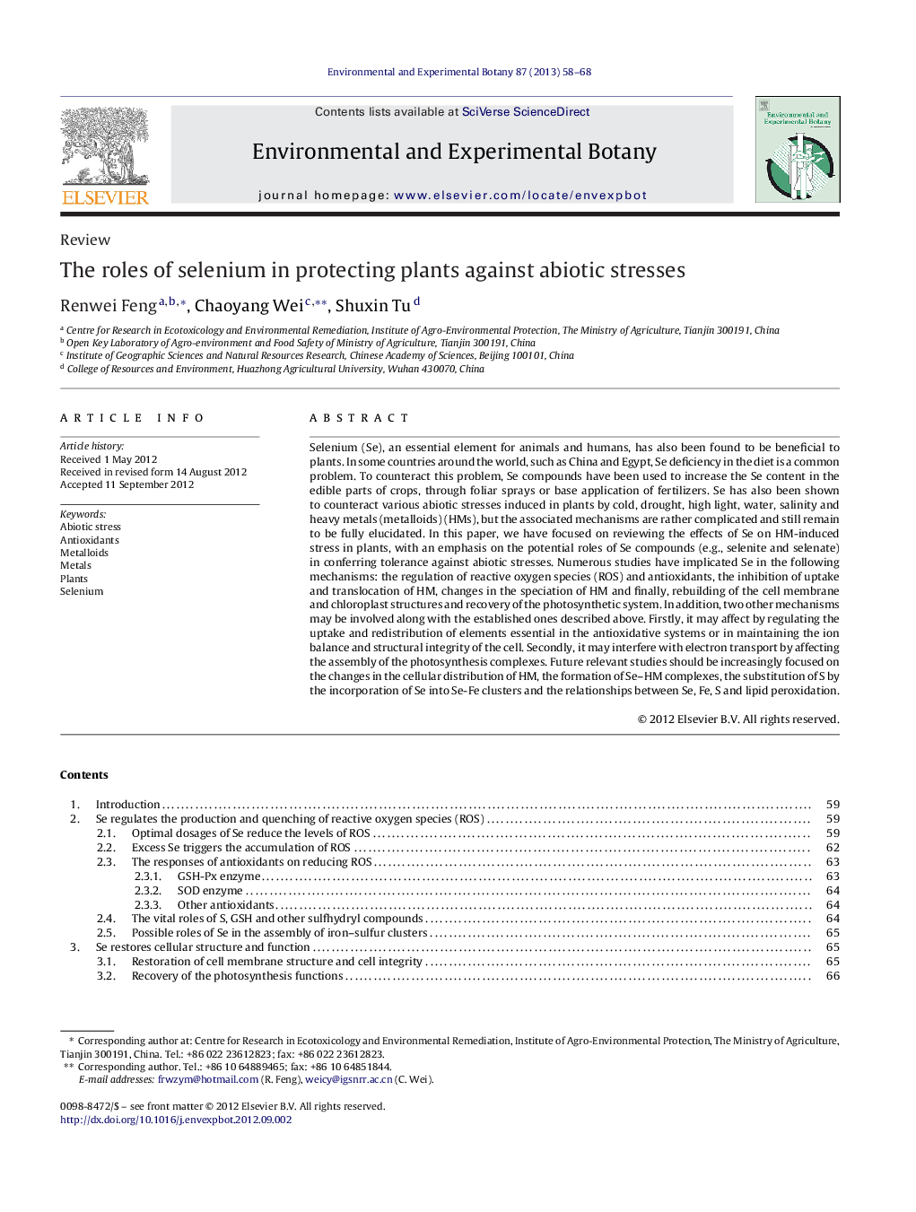 The roles of selenium in protecting plants against abiotic stresses