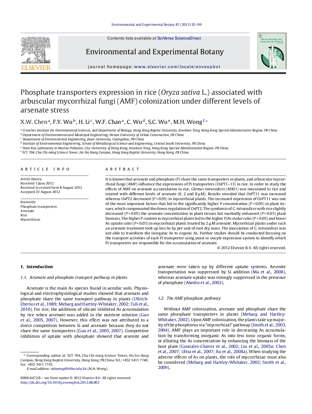 Phosphate transporters expression in rice (Oryza sativa L.) associated with arbuscular mycorrhizal fungi (AMF) colonization under different levels of arsenate stress