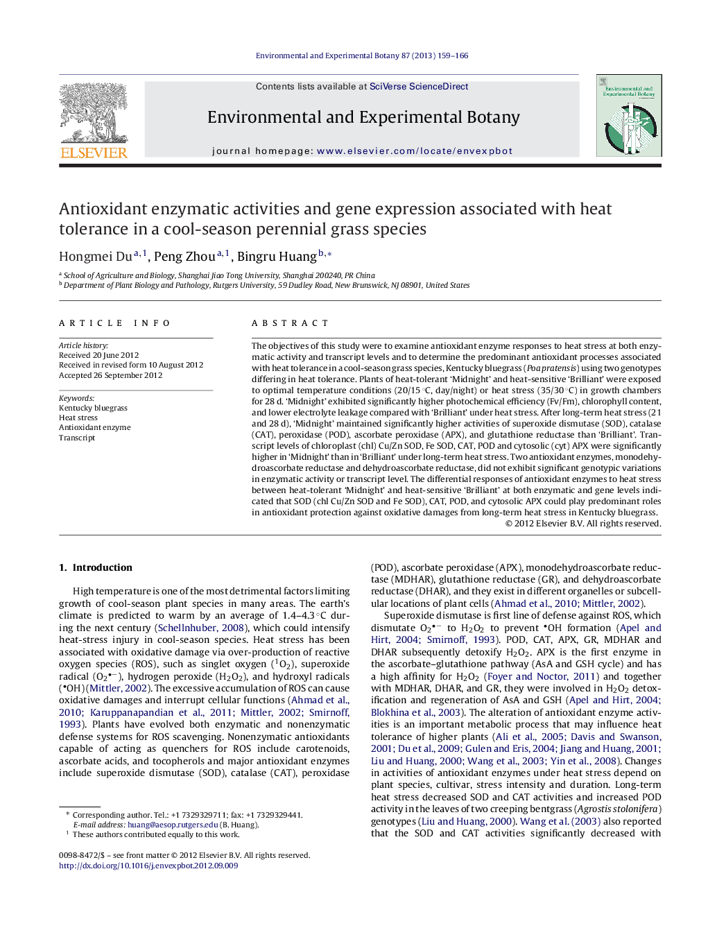 Antioxidant enzymatic activities and gene expression associated with heat tolerance in a cool-season perennial grass species