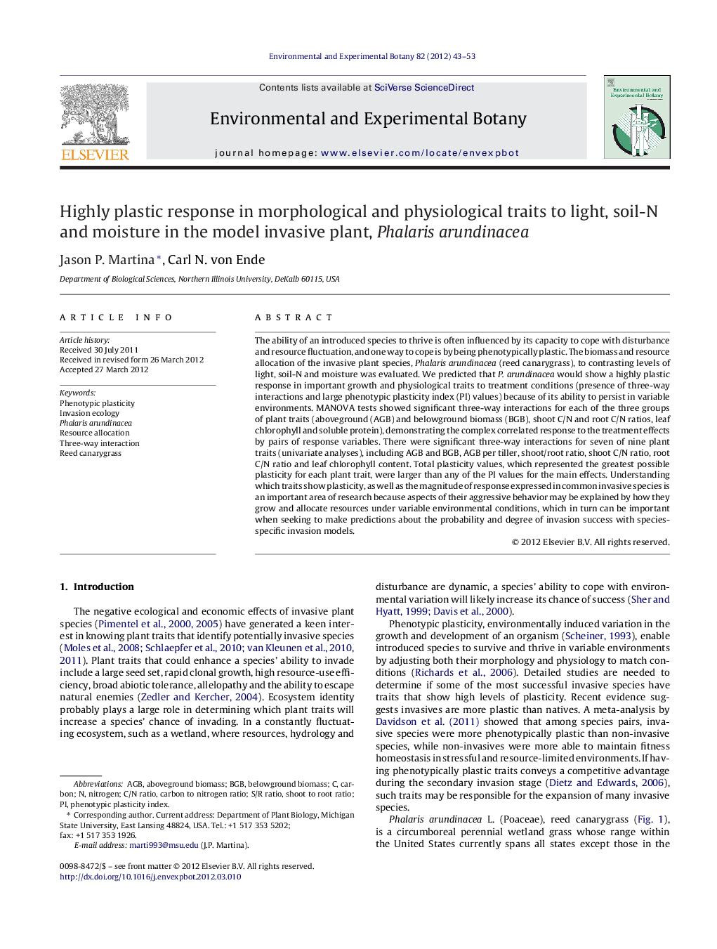 Highly plastic response in morphological and physiological traits to light, soil-N and moisture in the model invasive plant, Phalaris arundinacea