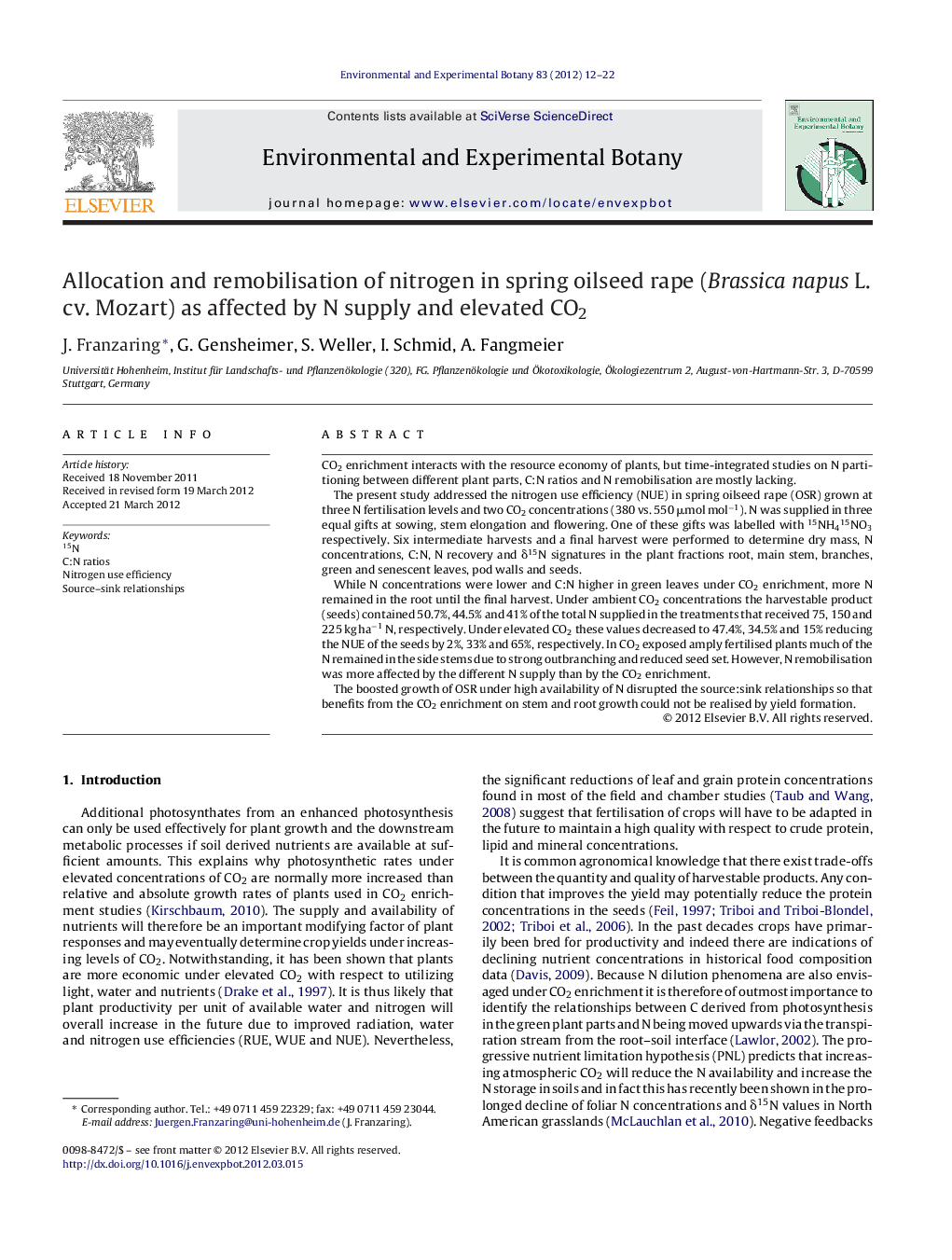 Allocation and remobilisation of nitrogen in spring oilseed rape (Brassica napus L. cv. Mozart) as affected by N supply and elevated CO2