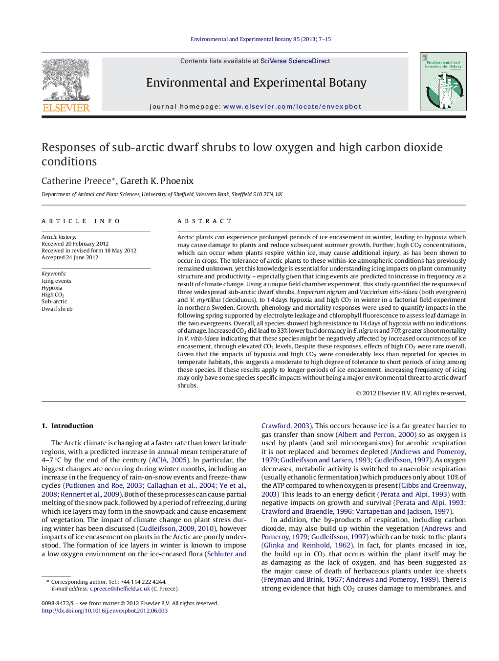 Responses of sub-arctic dwarf shrubs to low oxygen and high carbon dioxide conditions