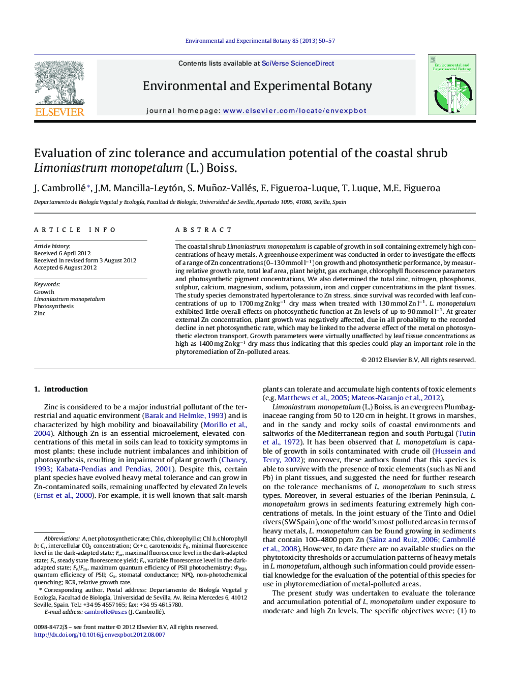 Evaluation of zinc tolerance and accumulation potential of the coastal shrub Limoniastrum monopetalum (L.) Boiss.