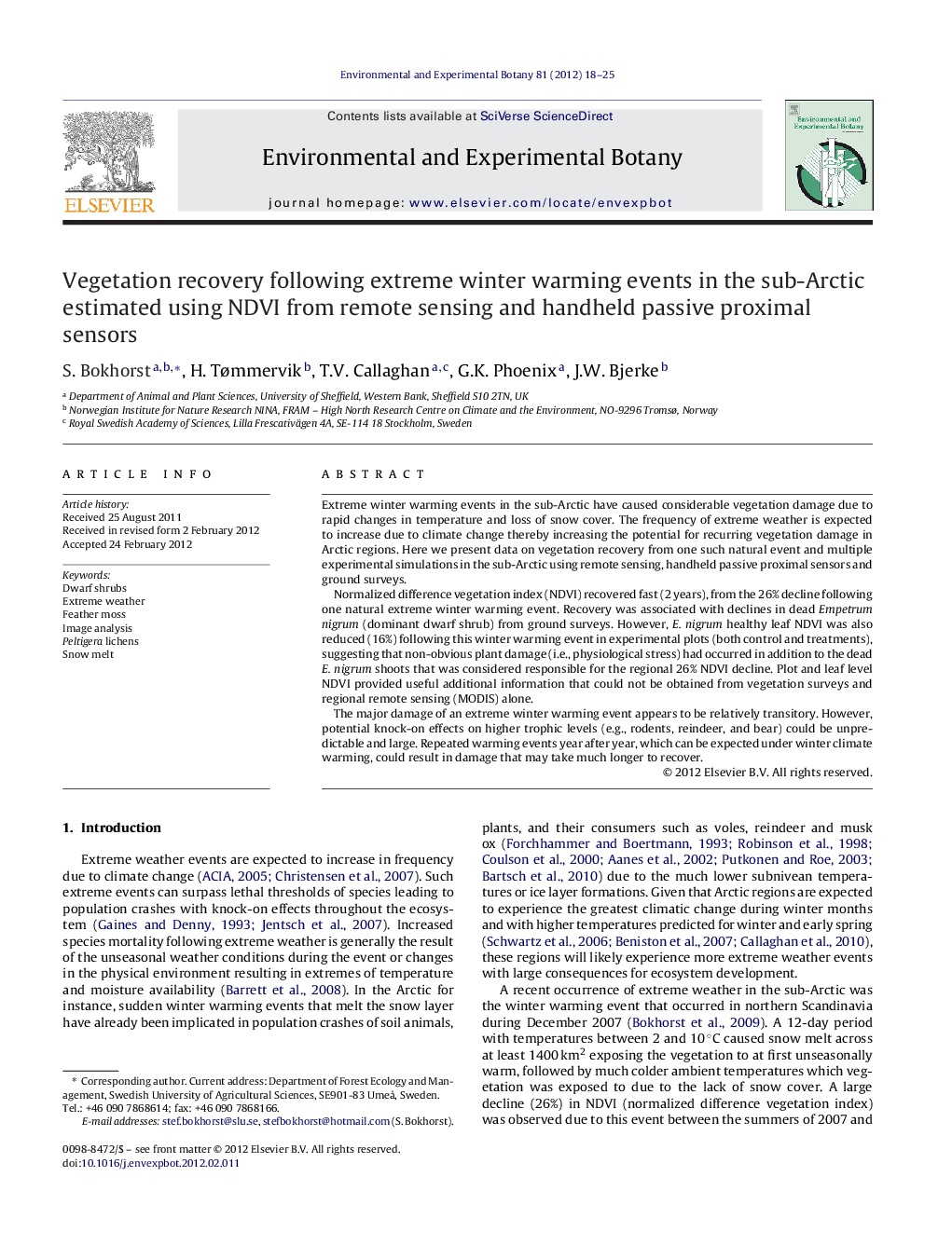 Vegetation recovery following extreme winter warming events in the sub-Arctic estimated using NDVI from remote sensing and handheld passive proximal sensors