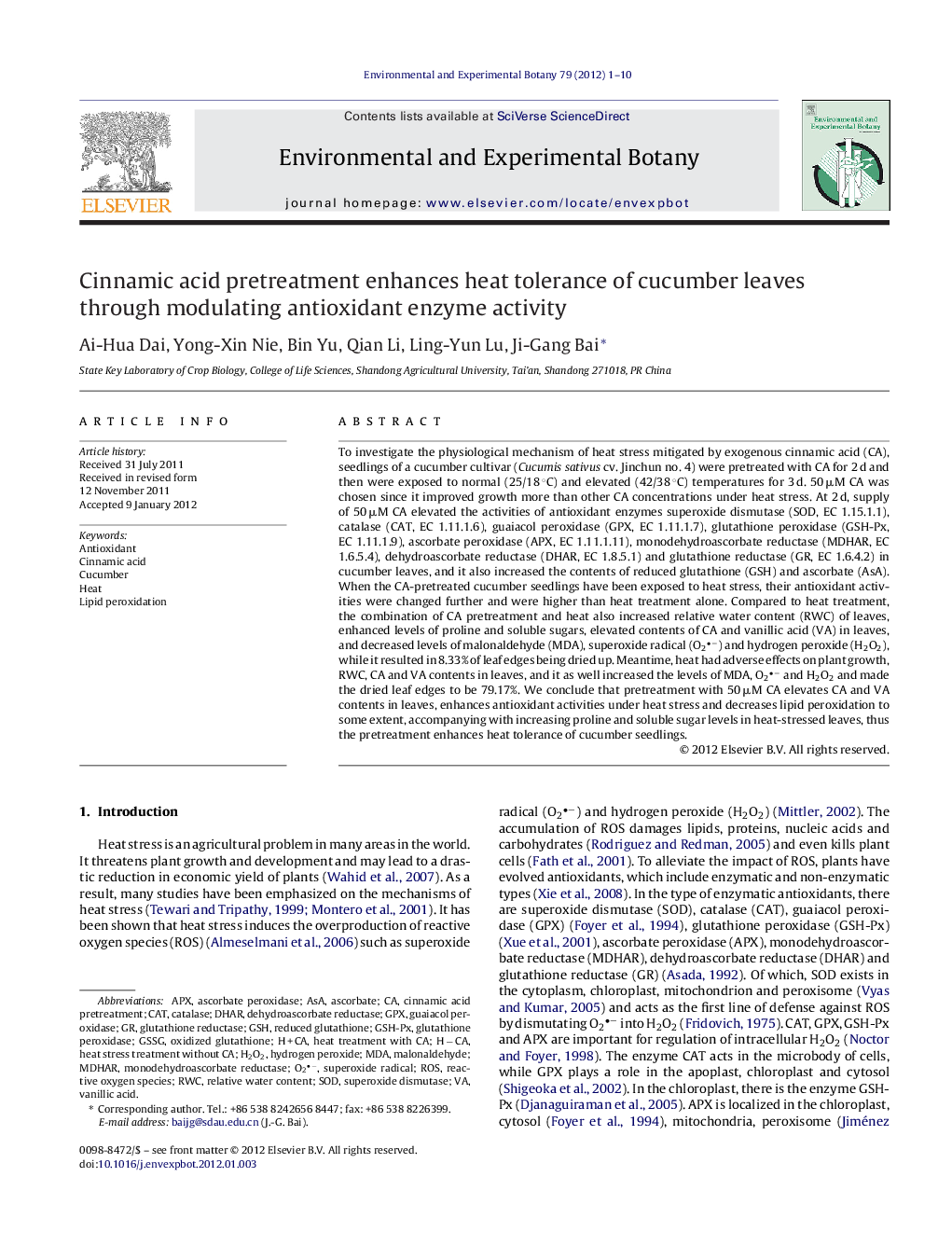 Cinnamic acid pretreatment enhances heat tolerance of cucumber leaves through modulating antioxidant enzyme activity