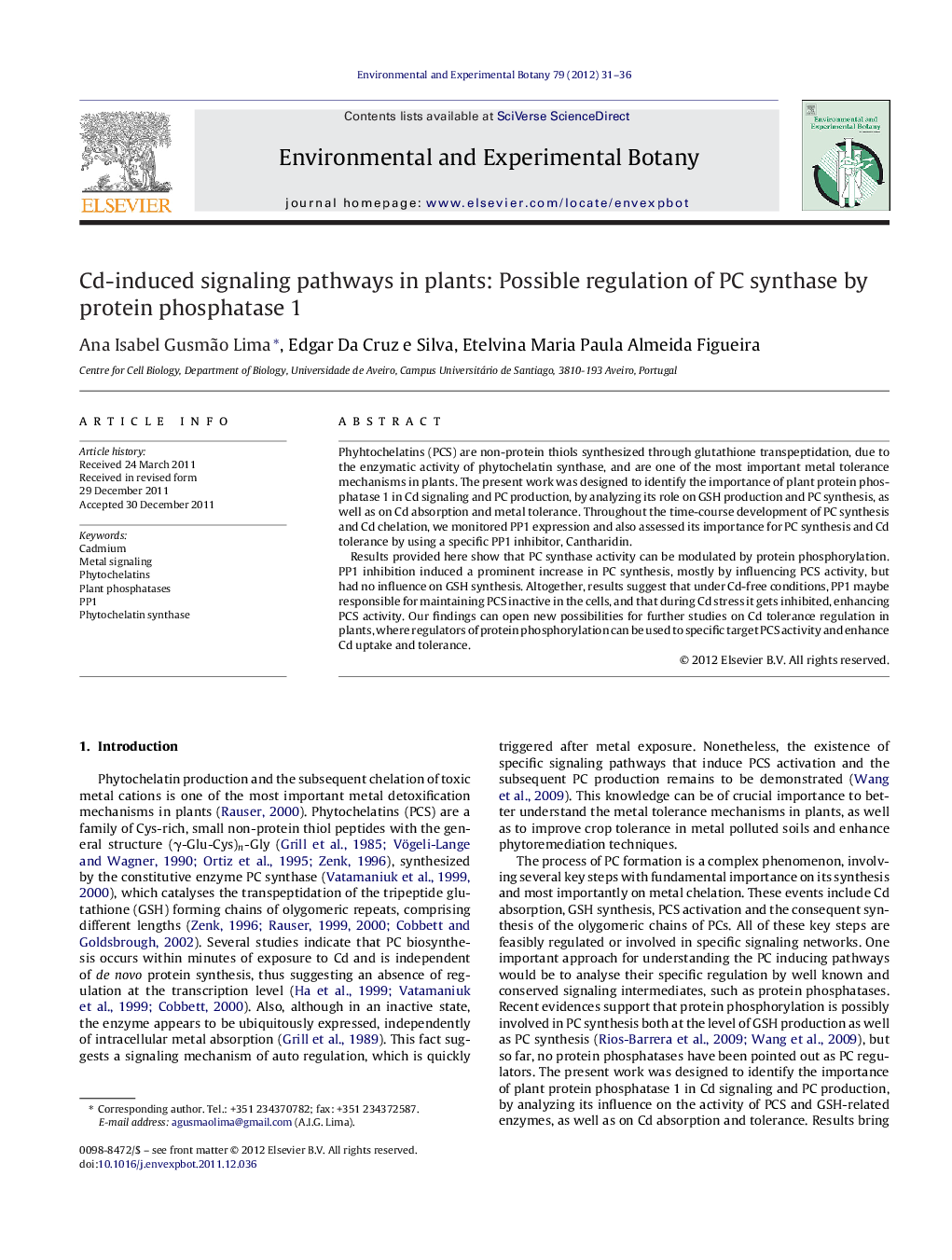 Cd-induced signaling pathways in plants: Possible regulation of PC synthase by protein phosphatase 1