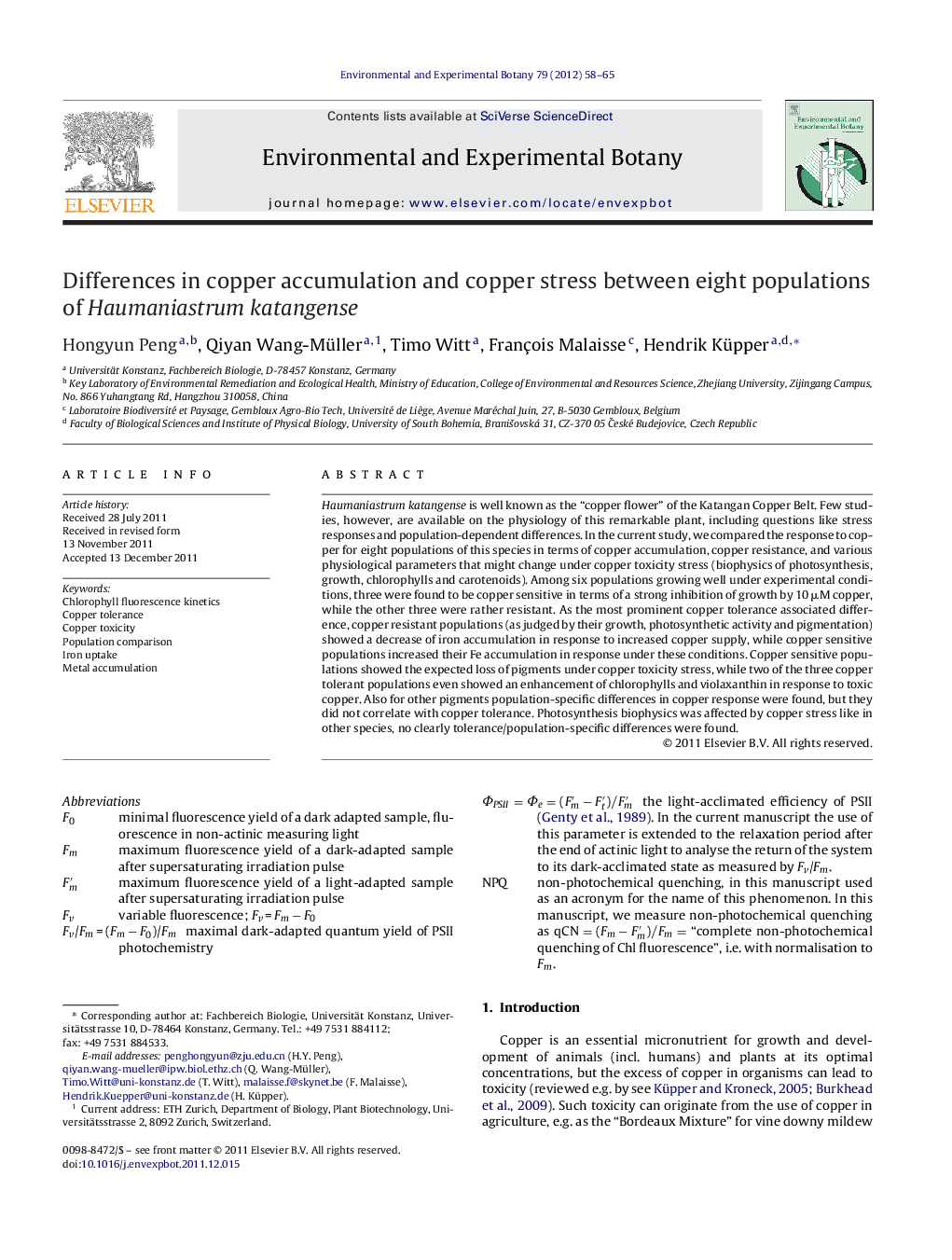 Differences in copper accumulation and copper stress between eight populations of Haumaniastrum katangense