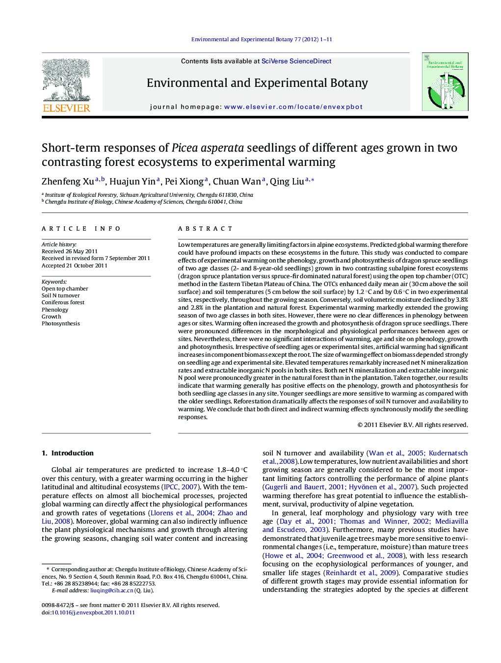 Short-term responses of Picea asperata seedlings of different ages grown in two contrasting forest ecosystems to experimental warming
