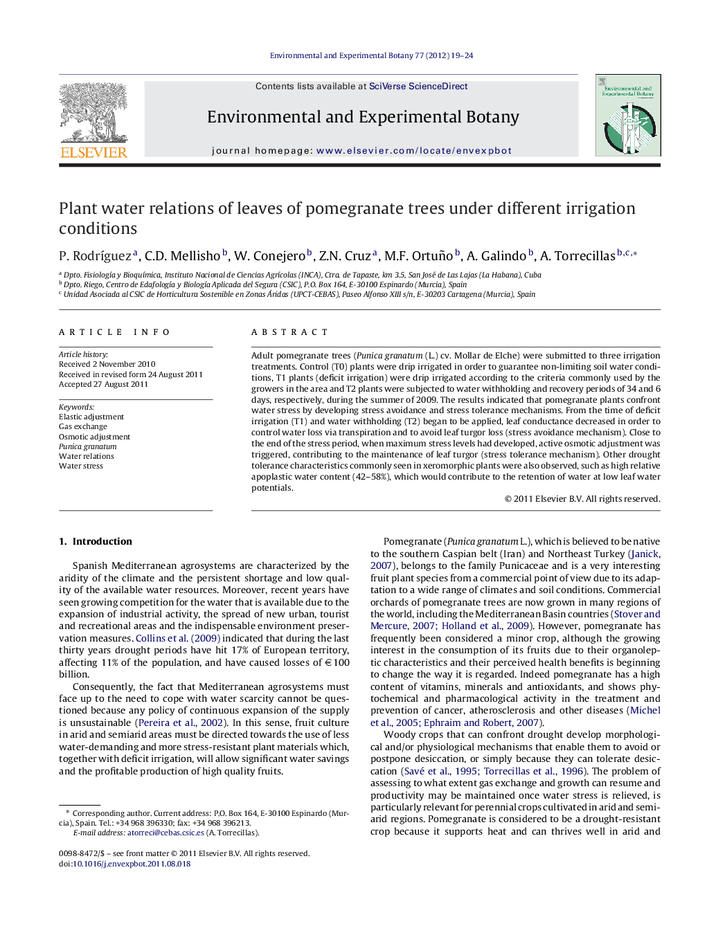 Plant water relations of leaves of pomegranate trees under different irrigation conditions