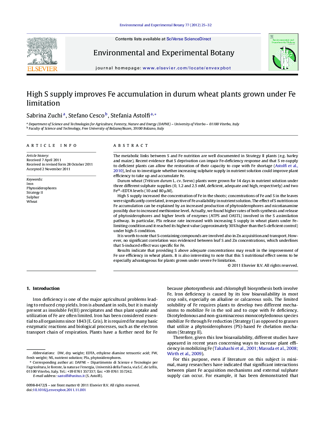 High S supply improves Fe accumulation in durum wheat plants grown under Fe limitation